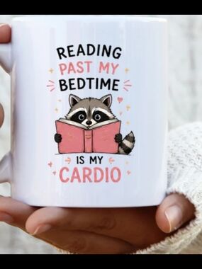 Reading Past My Bedtime Cute Raccoon Coffee Mug - White with Pink Accent